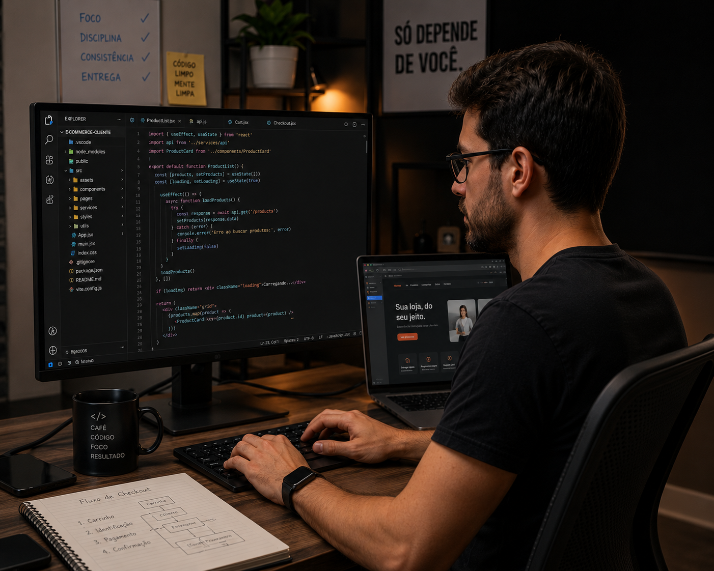 Desenvolvedor trabalhando em um projeto real para um cliente
