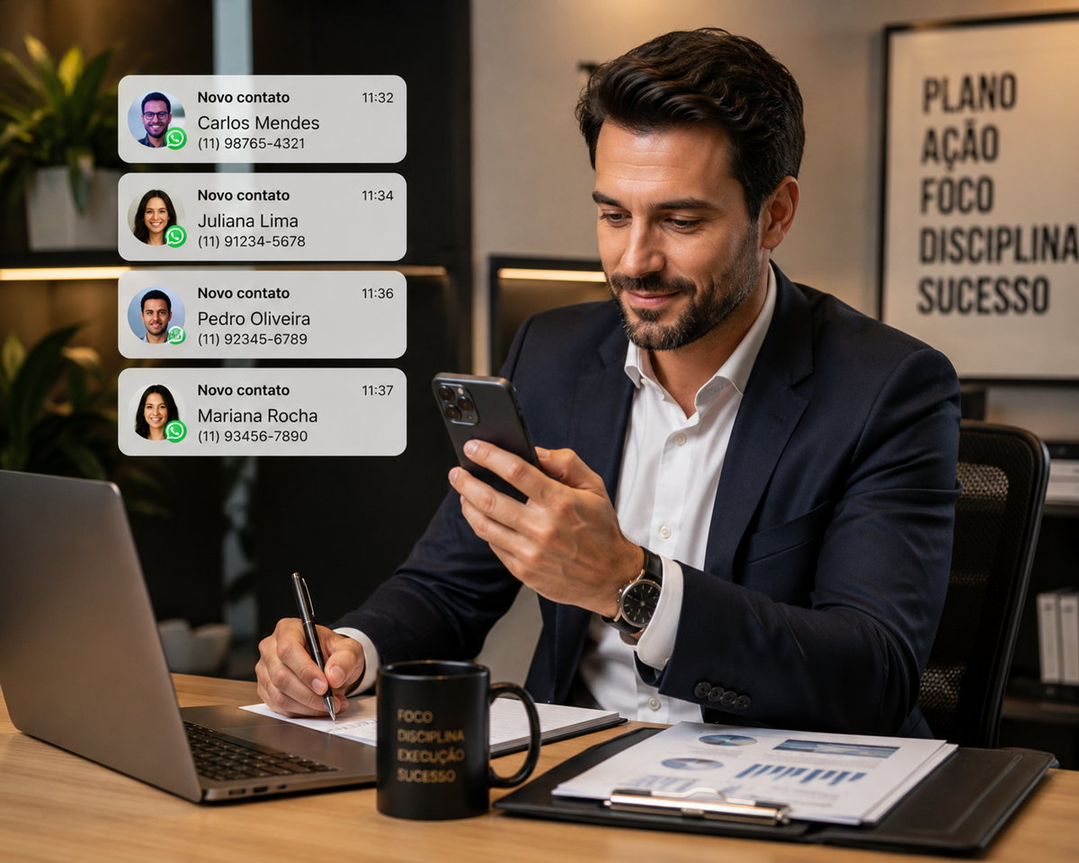 Empresário recebendo contatos no celular enquanto trabalha